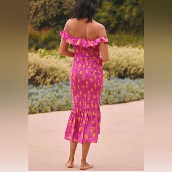 Anthropologie Celandine Off The Shoulder Smocked Pink Orange Midi Dress Size XL - Picture 6 of 10